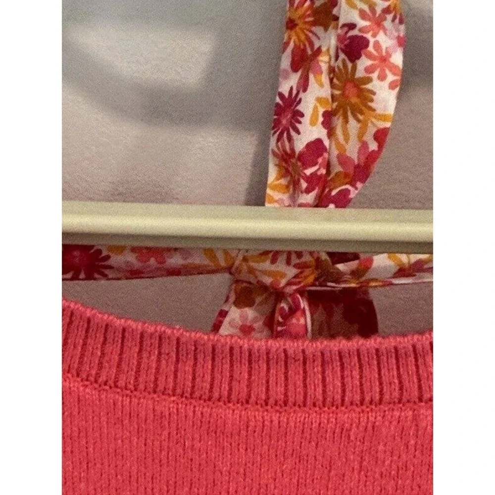 J Crew Womens Coral Pink Short Puff Sleeve Cotton Sweater Floral Back Neck Tie M
